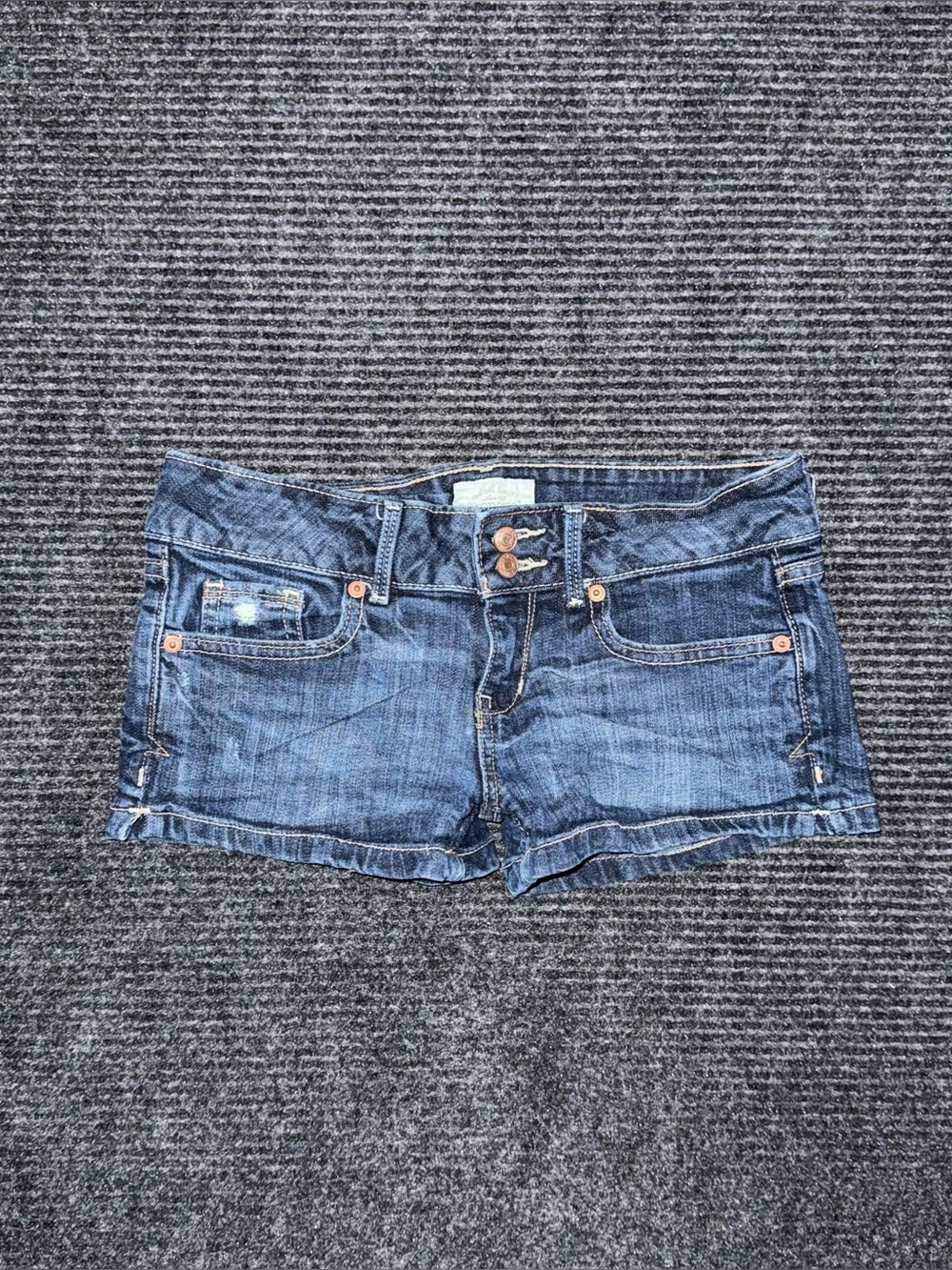 VTG y2k Aeropostale Low Rise Micro Mini Jean Shorts Sz 1/2 Dark Wash Flap Pocket
